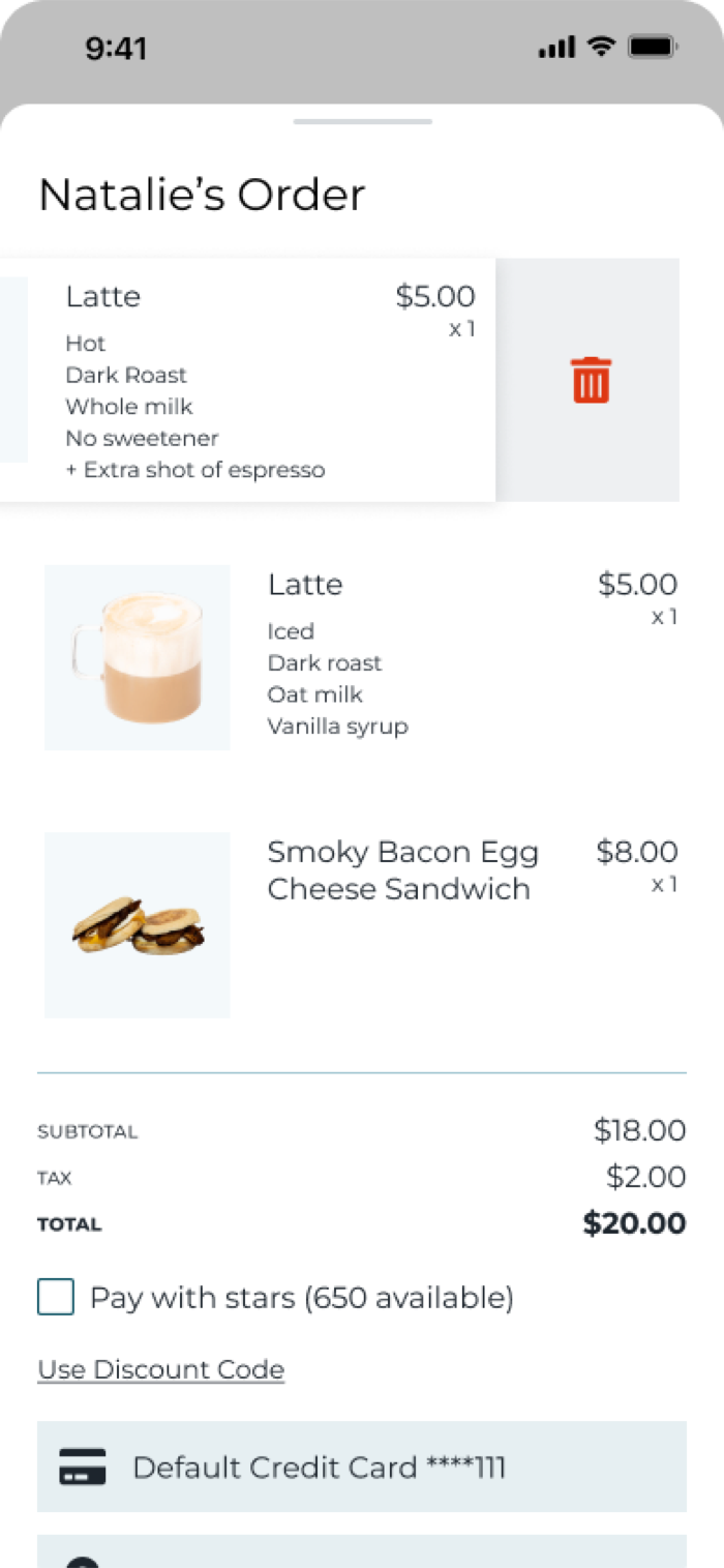 Dom's app cart screen with payment and pickup options