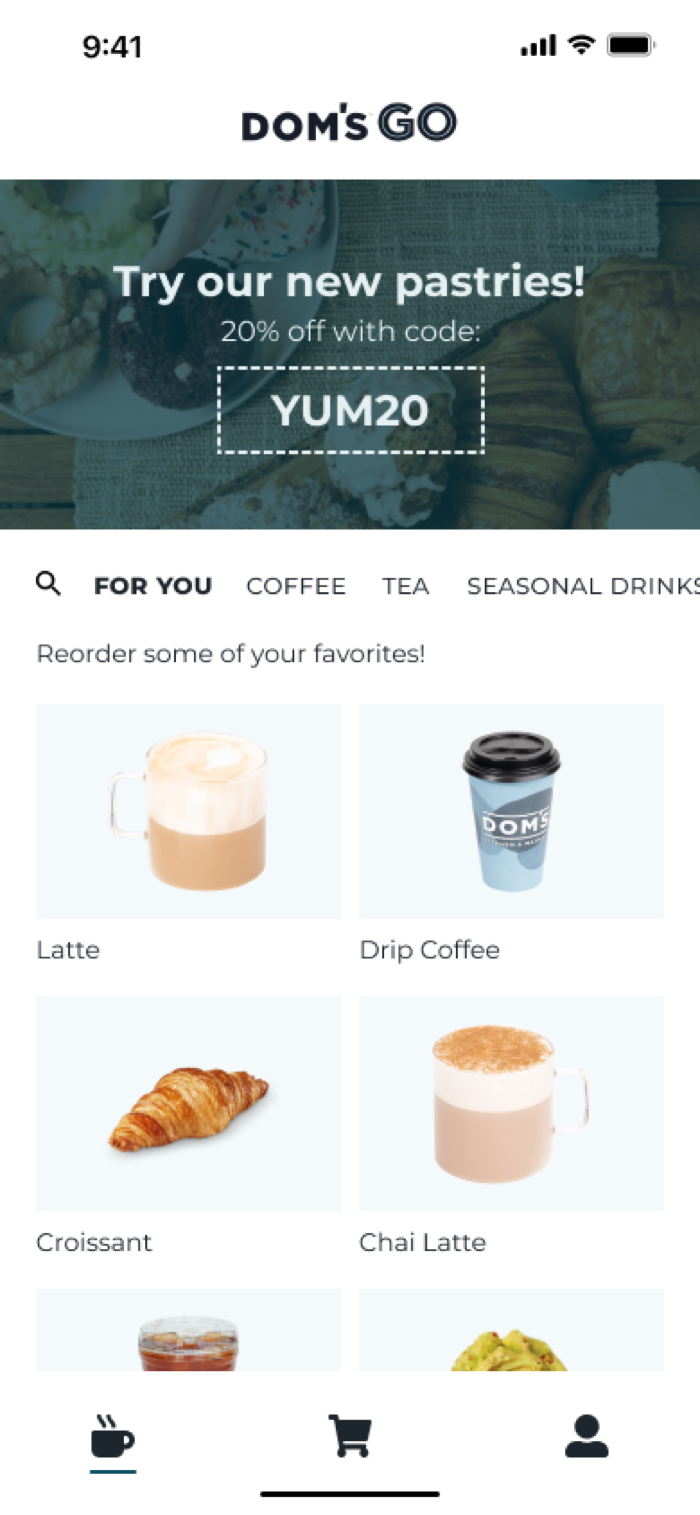 Dom's app ordering screen, browsing items