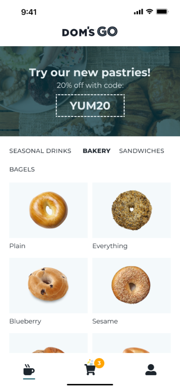 Dom's app ordering screen, item detail and customization