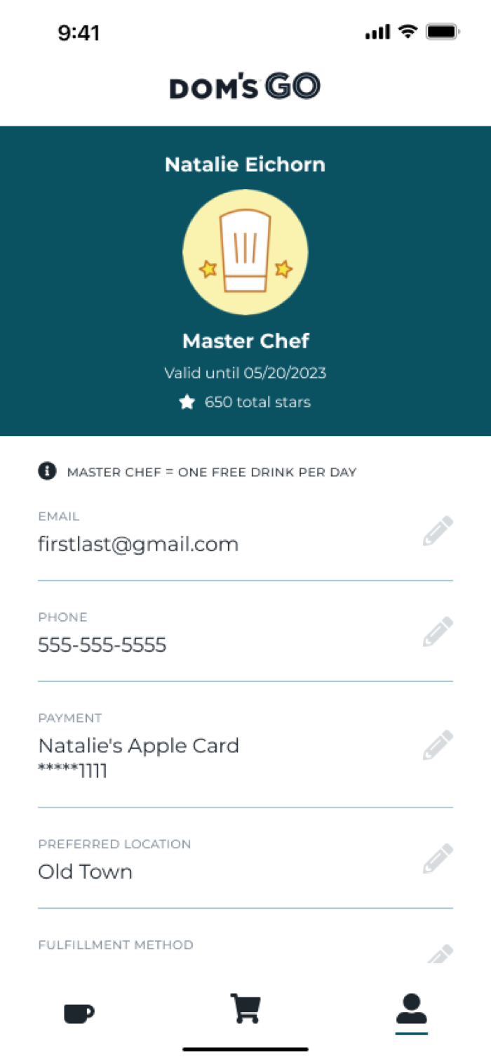Dom's app profile screen with rewards status