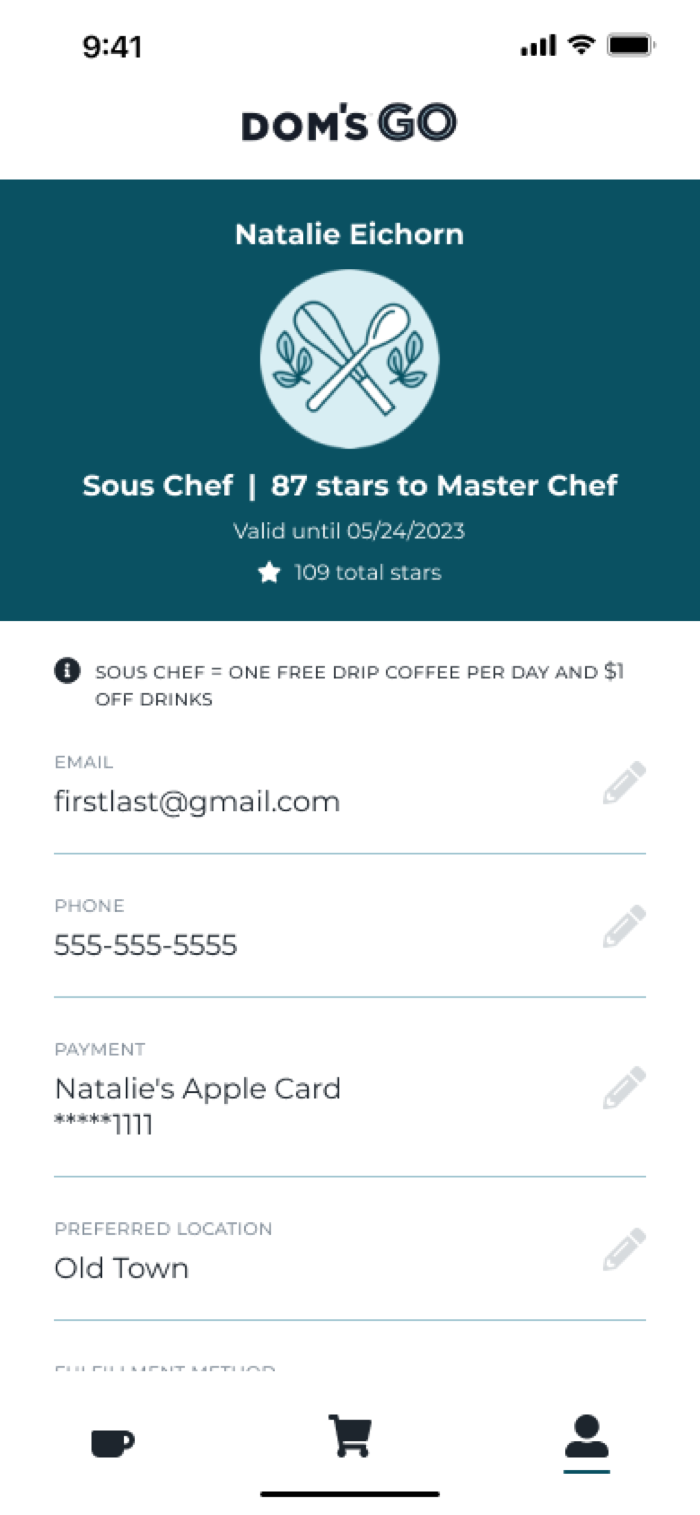 Dom's app profile screen with saved preferences