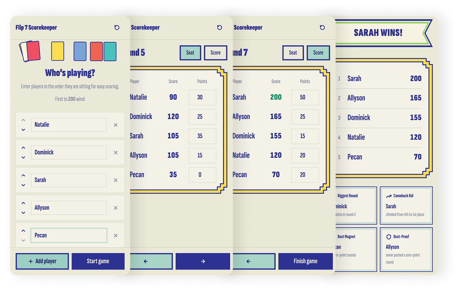 Flip 7 Scorekeeper app screens: player setup, live score entry, and the end-of-game recap
