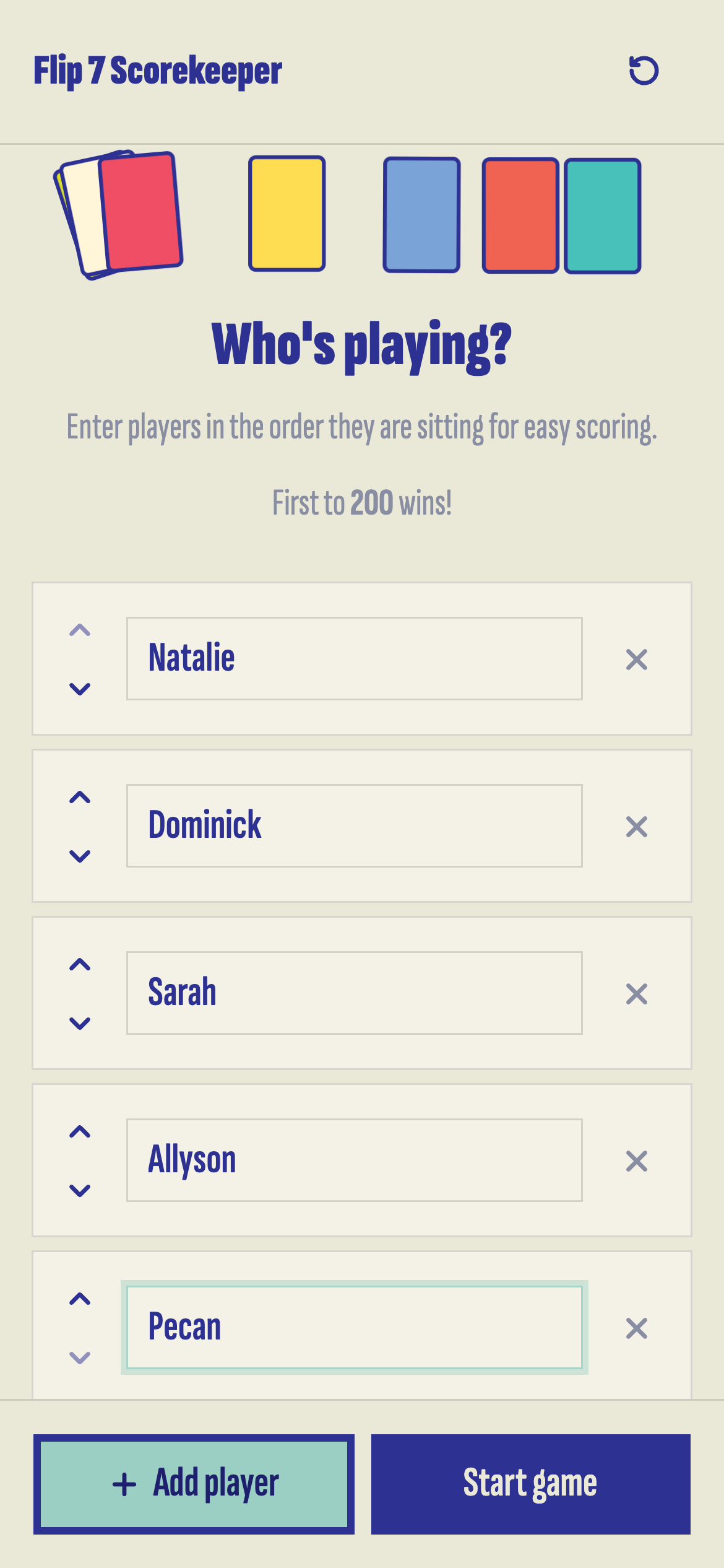 Flip 7 Scorekeeper setup screen: entering full player names in reorderable seating order