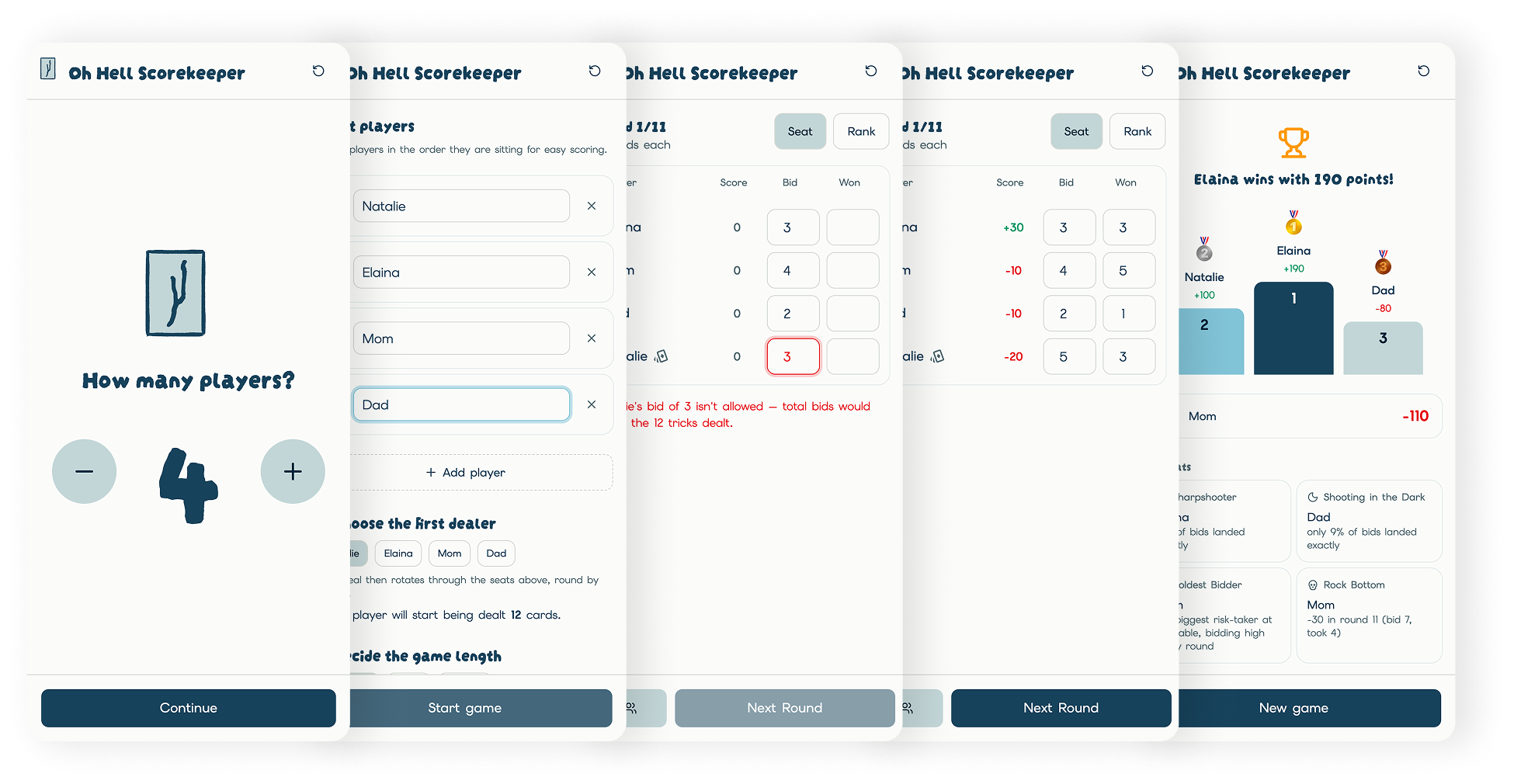 Oh Hell Scorekeeper app screens: player setup, game recap with podium and fun stats, and live round scoring