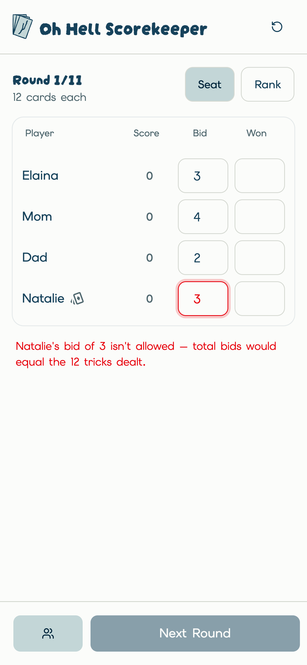 Oh Hell Scorekeeper blocking a dealer's bid that isn't allowed, with an explanation of the rule