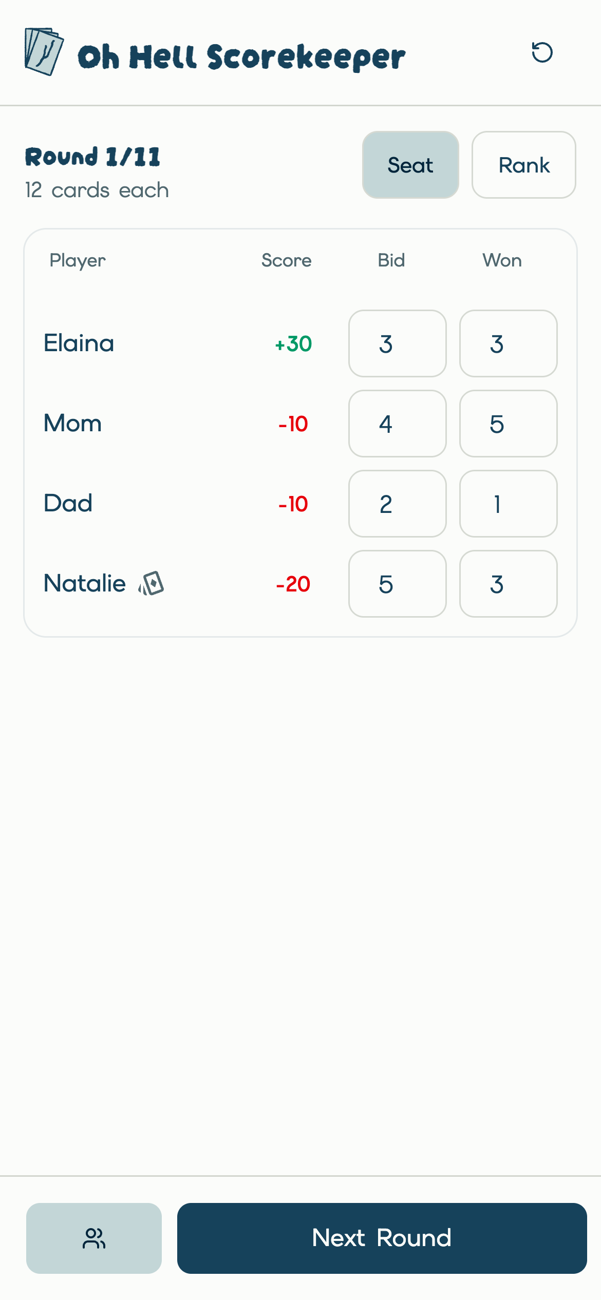 Oh Hell Scorekeeper showing bids, tricks won, and live color-coded scores for a completed round
