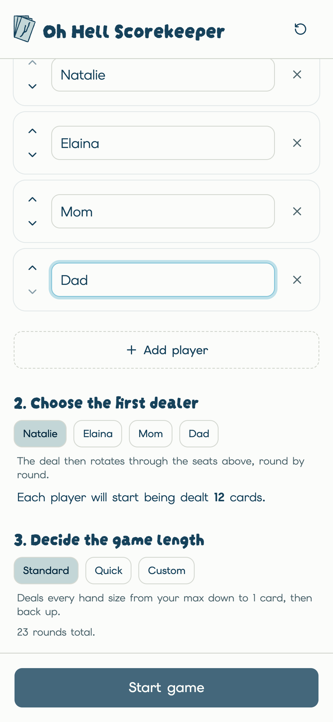 Oh Hell Scorekeeper setup screen: choosing Standard, Quick, or Custom game length