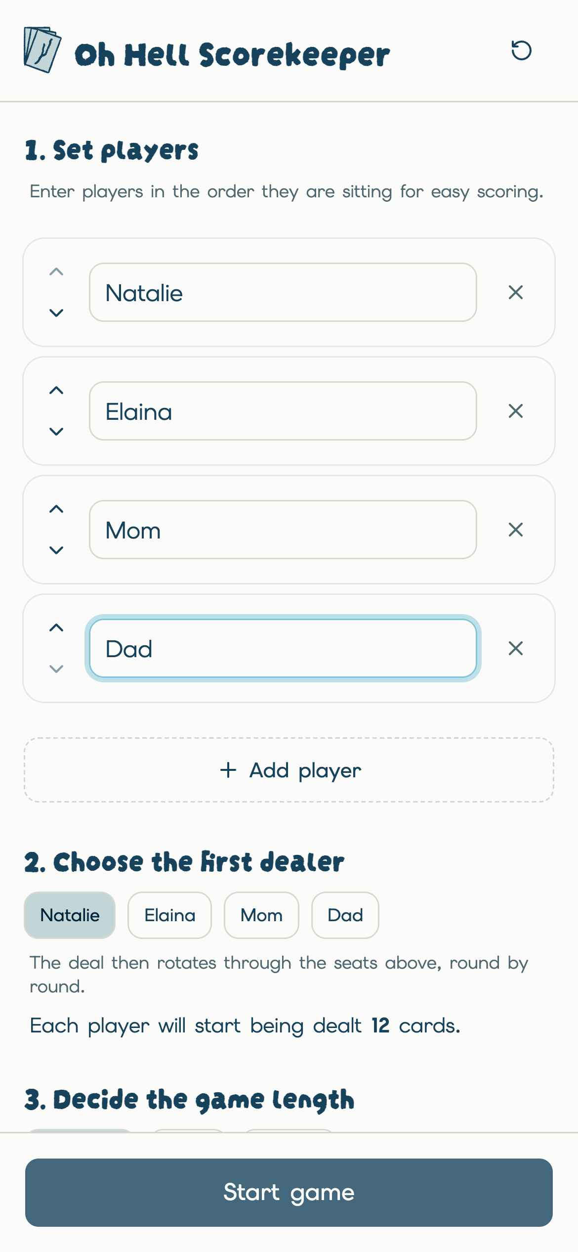 Oh Hell Scorekeeper setup screen: entering players in seat order and choosing the first dealer